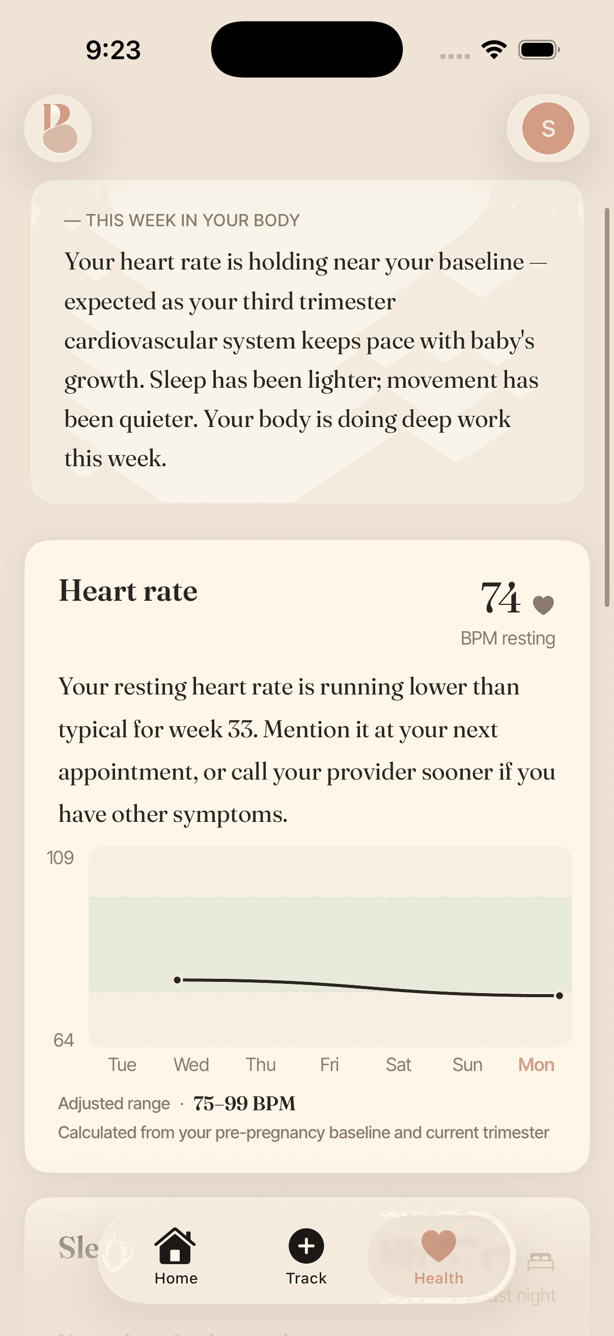Bloom app — week 33 home screen with heart rate trend