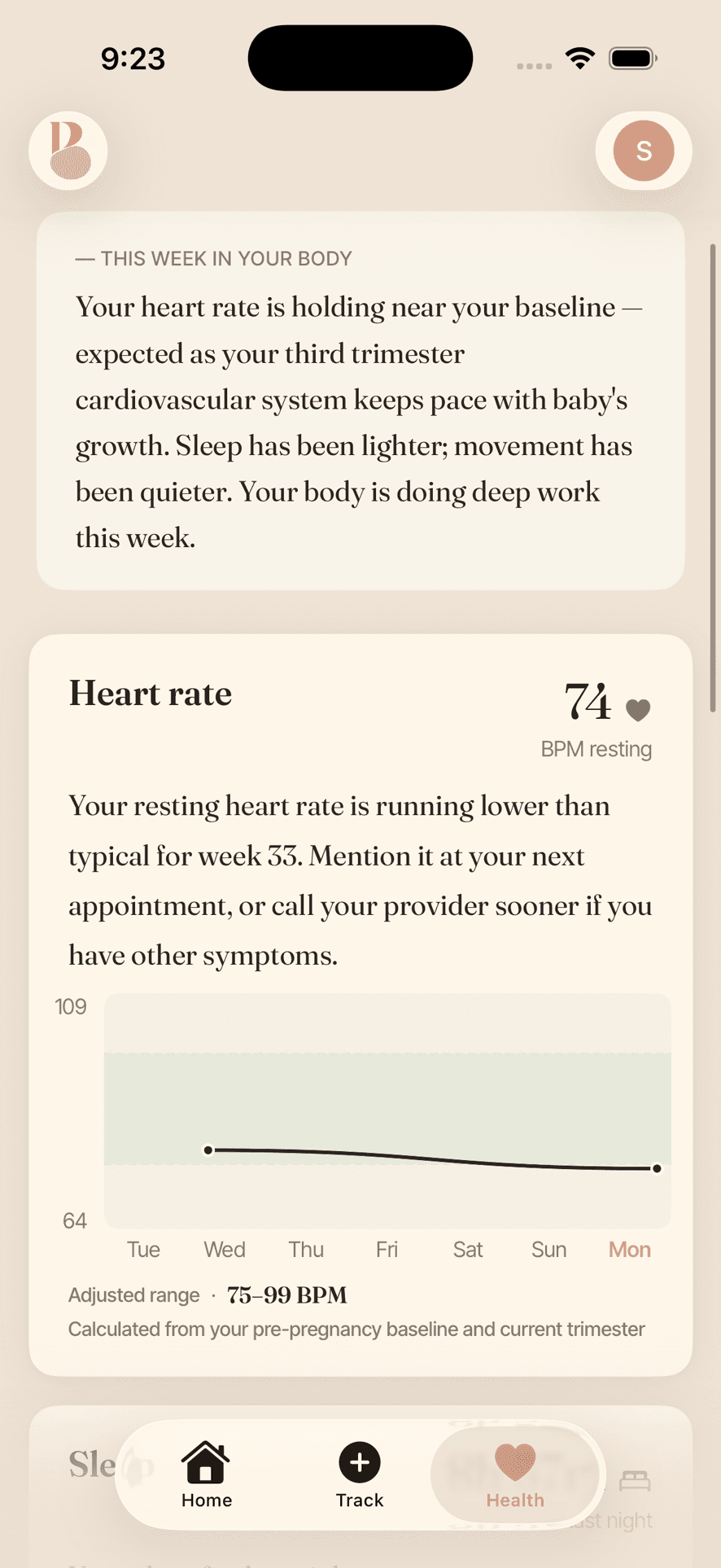 Bloom app showing a pregnancy-adjusted heart rate trend